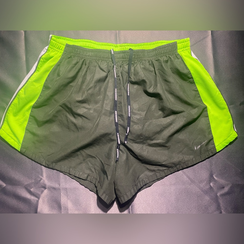 Nike Women's Dark Green and Neon Green Athletic Shorts